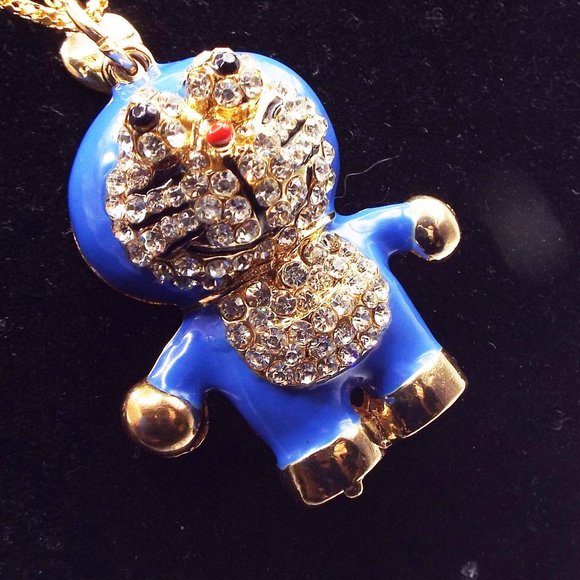 BETSEY JOHNSON KITTEN KITTY CAT IN BLUE SNOWSUIT RHINESTONES PENDANT NEC… - Picture 1 of 5
